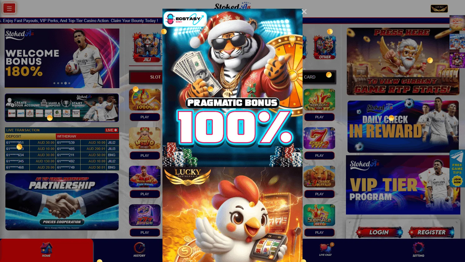 Stokedau Casino desktop home with casino access and promotional information